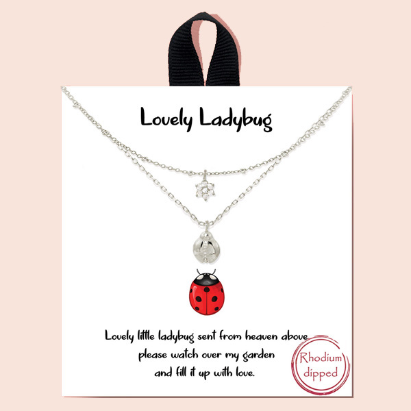 90330_Silver, clear " Lovely ladybug" Rhodium dipped, double layered dainty necklace